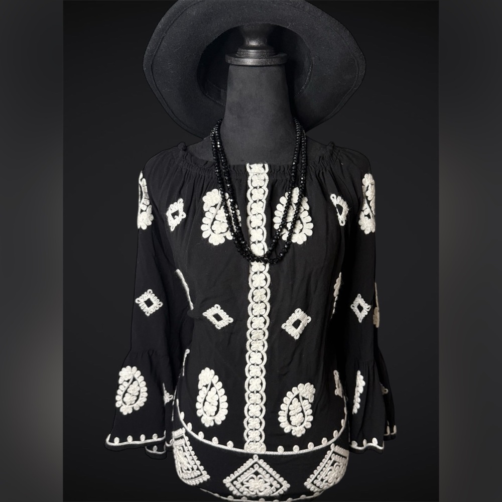 Cato Bohemian Black and White Embroidered Blouse with bell sleeves